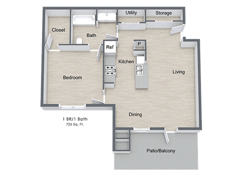Floor plan for 1 bed, 1 bath, 725 sqft